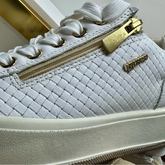 Igi & Co White Woven Leather Platform Sneakers Zip Side Gold Accents Sz Womens 7 - Picture 14 of 16